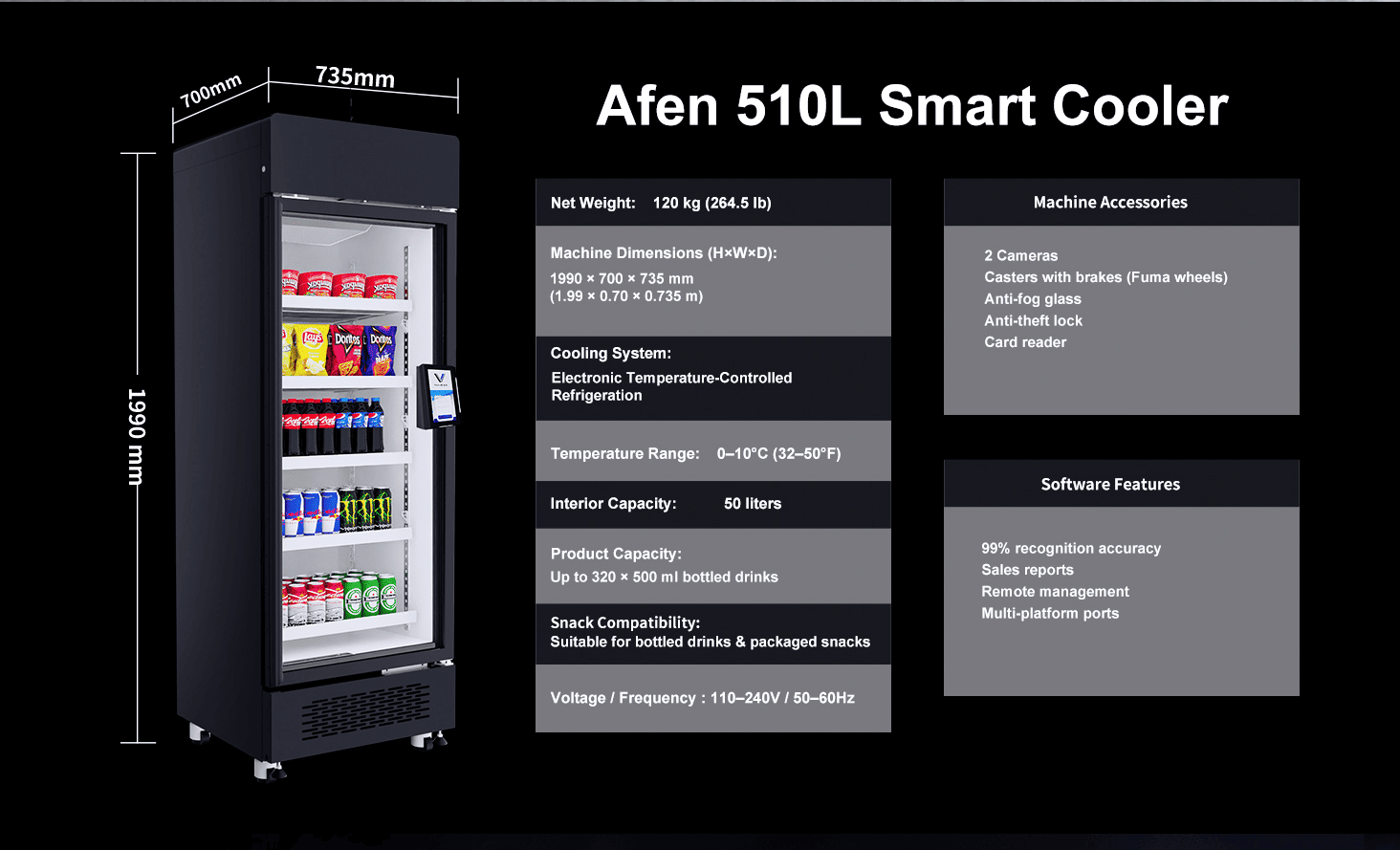 Dimensões e capacidade da máquina de venda automática AFEN Smart Cooler AI de 510 litros. A alta capacidade de armazenamento da máquina de venda automática AFEN AI maximiza o retorno sobre o investimento (ROI) no varejo em um espaço compacto.