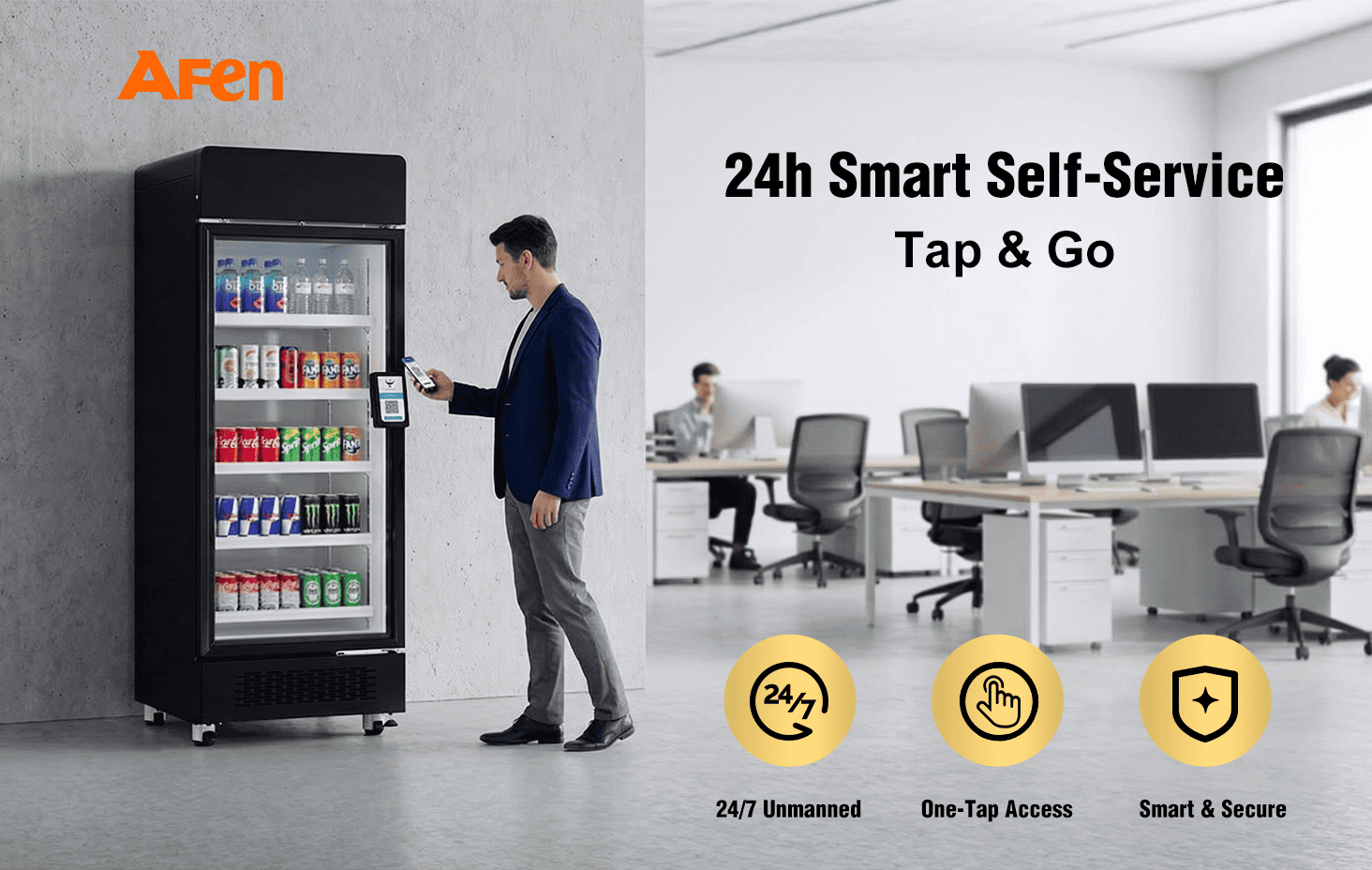 AFEN Smart Cooler 510L Hero Scene O refrigerador inteligente AFEN 510 oferece soluções versáteis e automatizadas para o varejo, 24 horas por dia, 7 dias por semana, em escritórios e academias.
