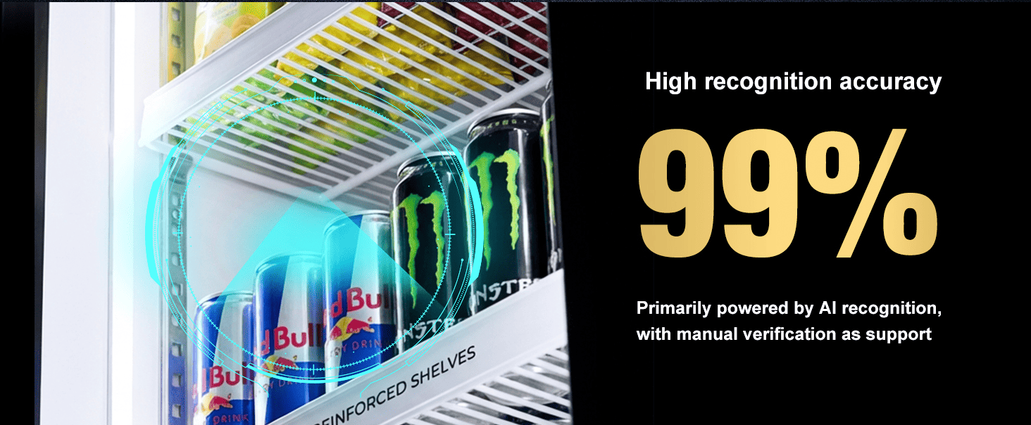 Precisão do reconhecimento de IA da máquina de venda automática AFEN Smart Cooler AI Precisão de reconhecimento de 99% através de visão com IA de câmera dupla para faturamento preciso e prevenção de perdas.