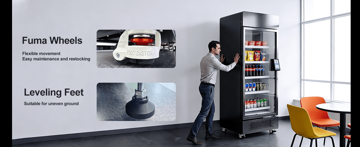 AFEN AI: Mobilidade e Estabilidade em Máquinas de Venda Automática Mobilidade de nível industrial com rodas Fuma reforçadas para implantação estável em espaços comerciais.